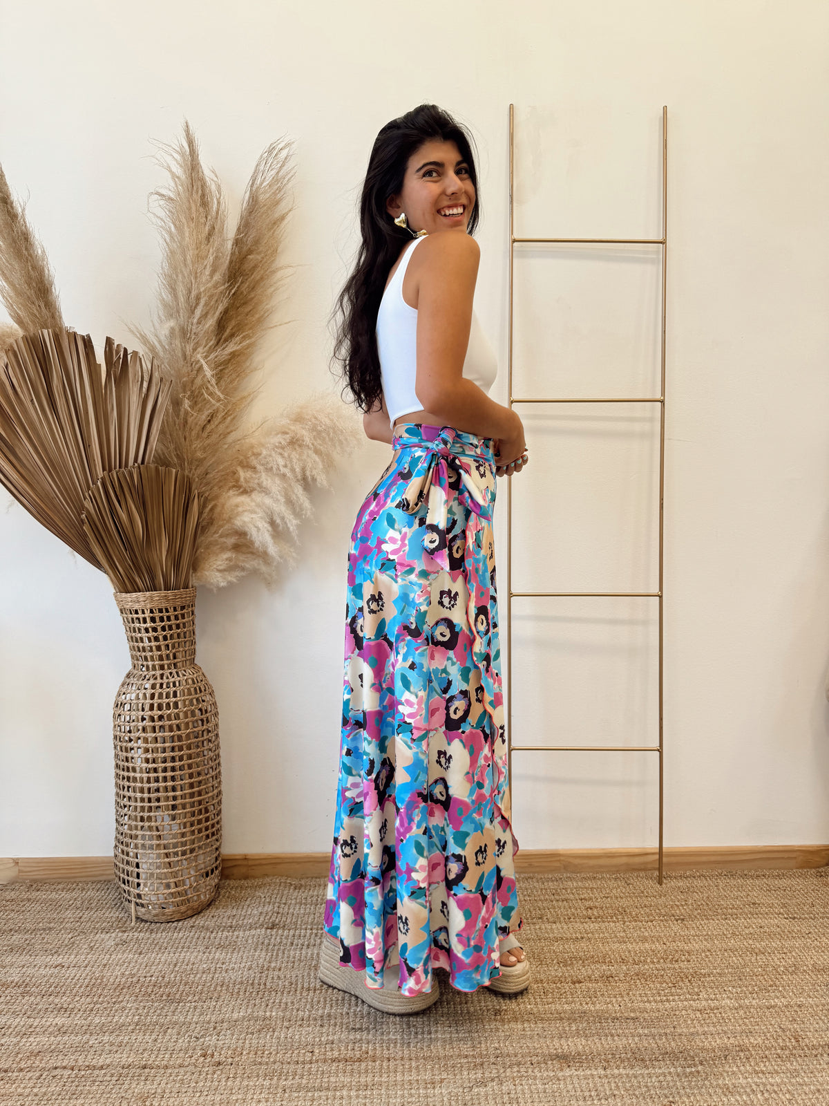 Falda Envolvente Celeste Flores Beige