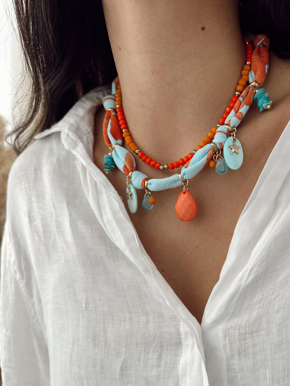 Collar Tela Naranjo Celeste