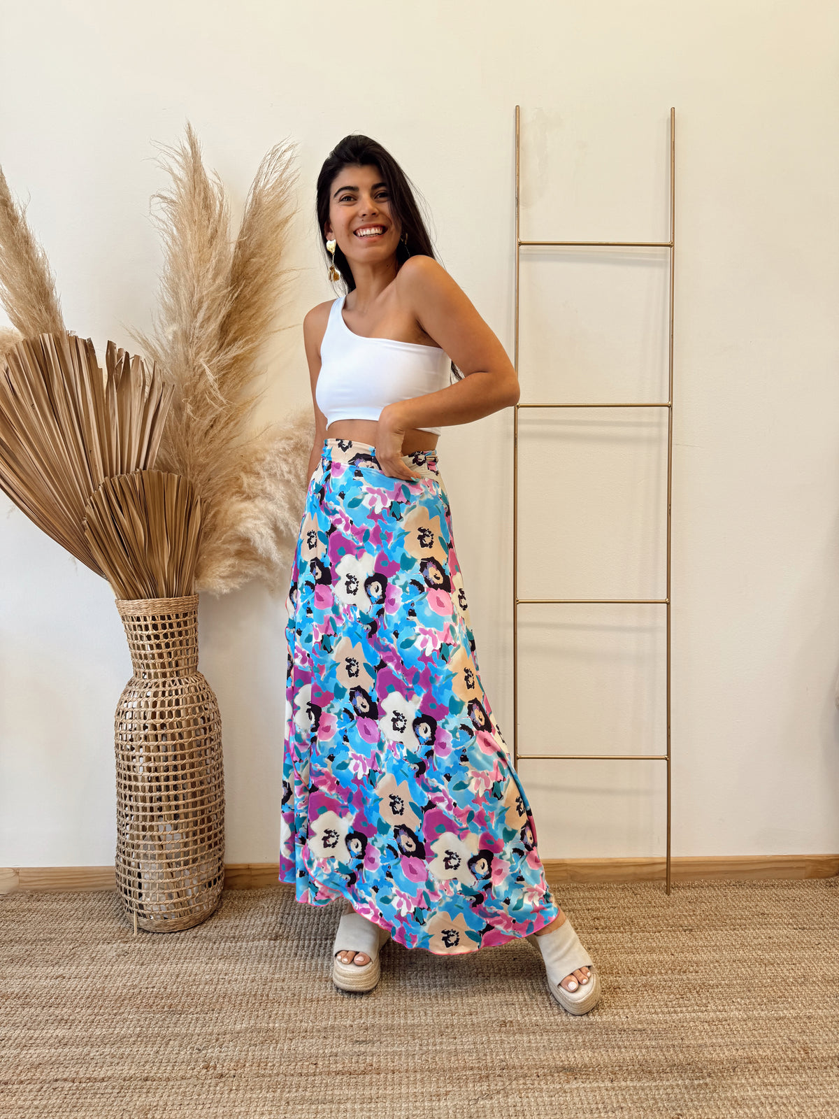 Falda Envolvente Celeste Flores Beige