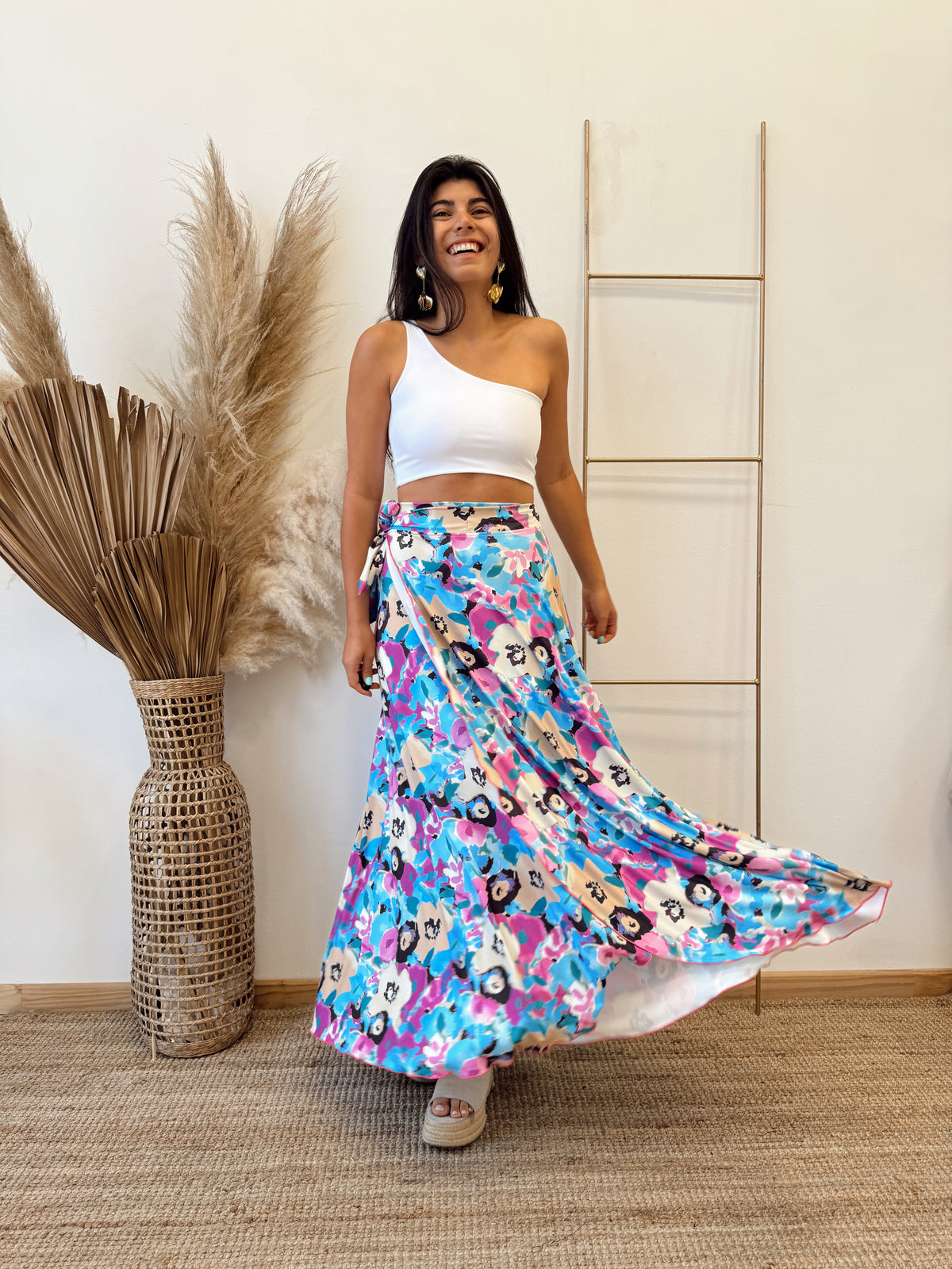 Falda Envolvente Celeste Flores Beige