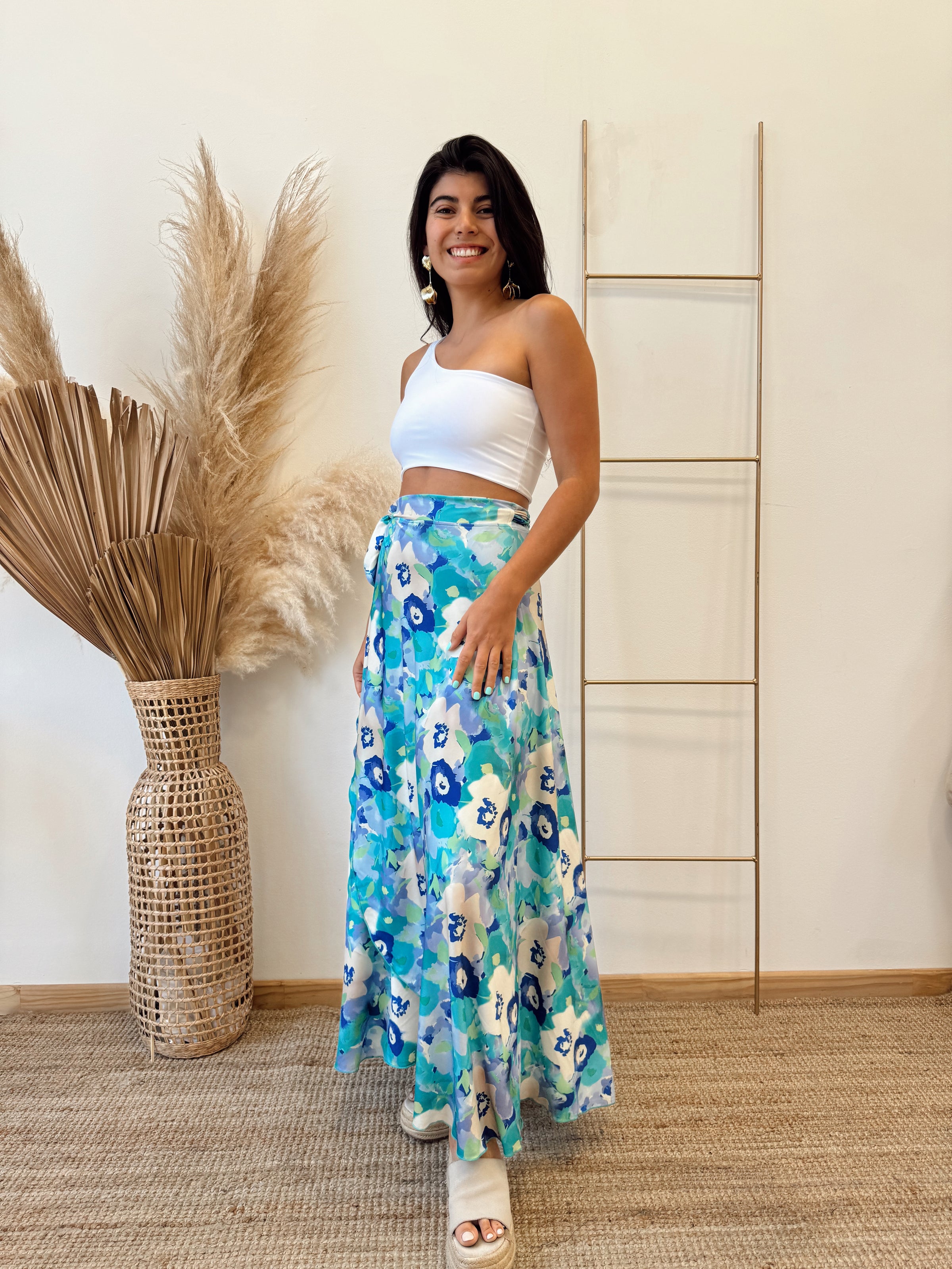 Falda Envolvente Flores Turquesa