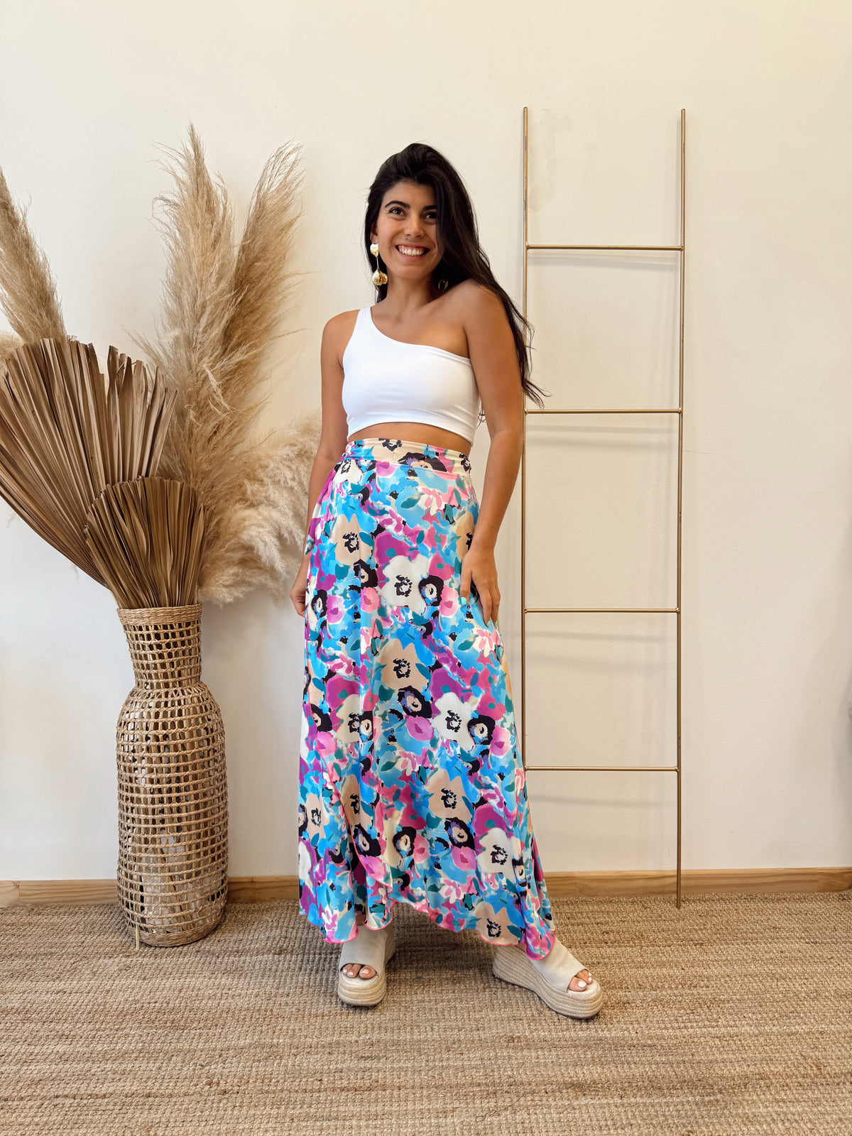 Falda Envolvente Celeste Flores Beige