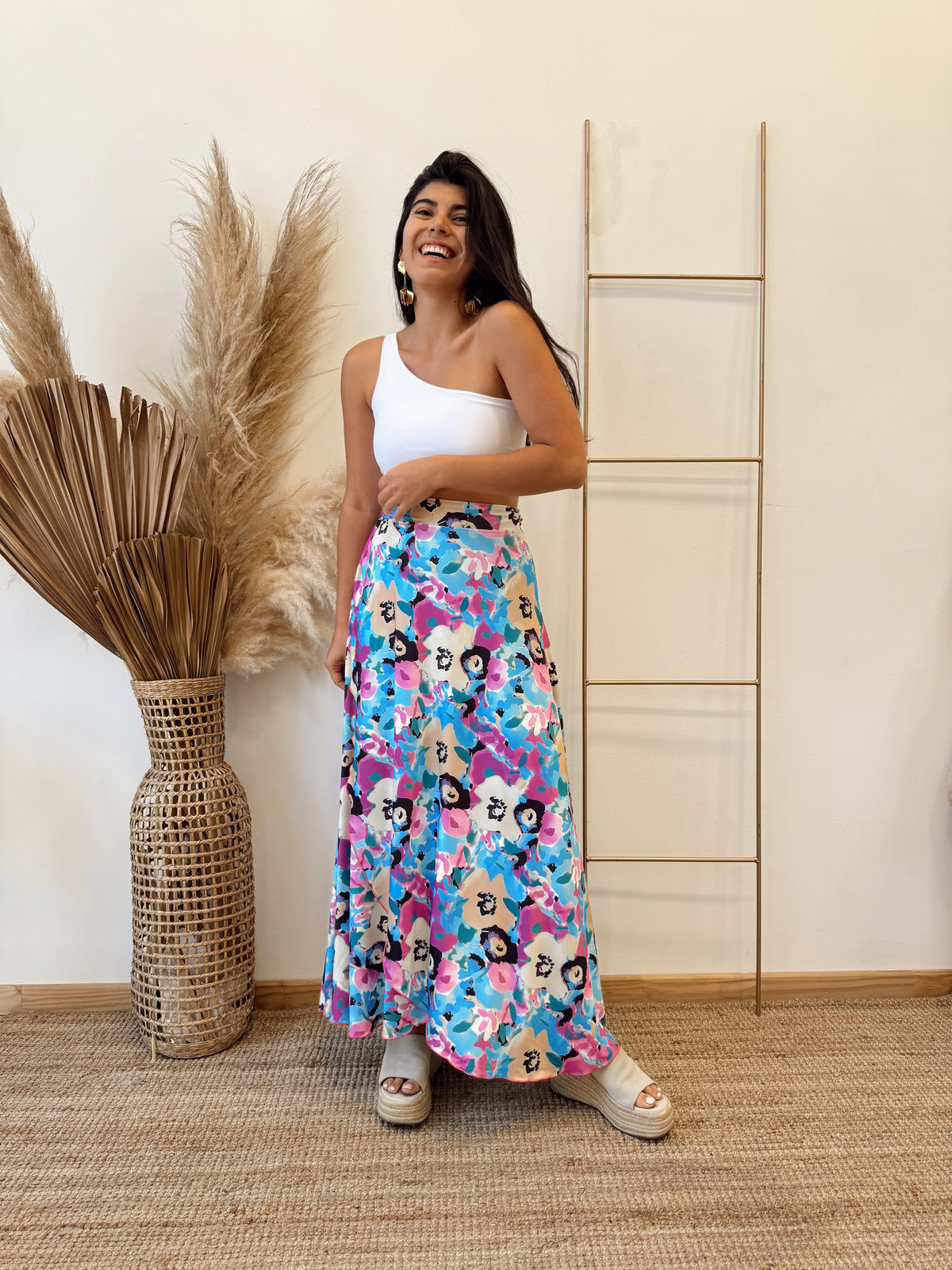 Falda Envolvente Celeste Flores Beige